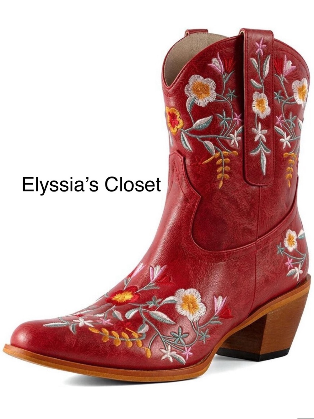 Red Western Ankle Boot Floral Embroidered Women's 37